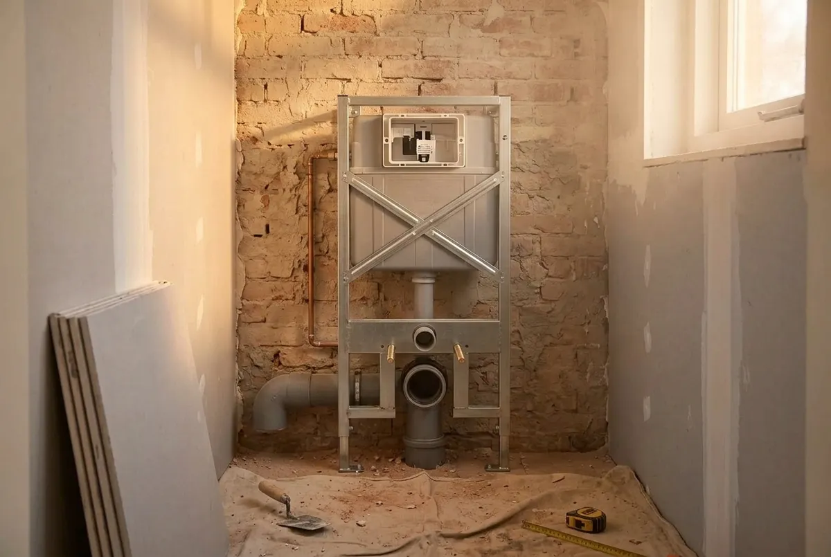 AI-impressie van een stalen inbouwframe met inbouwreservoir tegen een kale bakstenen muur in een toiletruimte in verbouwing, met afvoerbochten, twee bevestigingsbouten voor de pot en gipsplaten tegen de zijwand