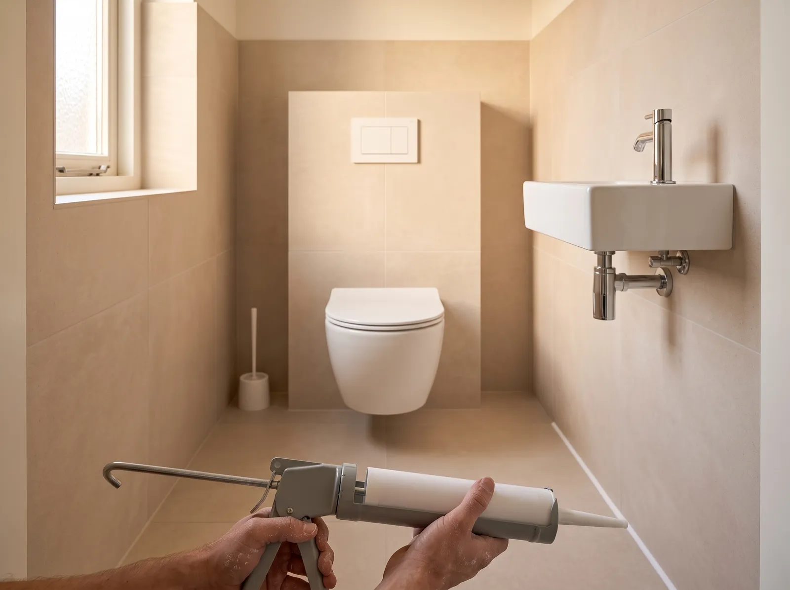 AI-impressie van een vernieuwde toiletruimte met beige tegels, een wit hangtoilet en een fonteintje, terwijl twee handen met een kitpistool een witte kitrand trekken langs de naad van vloer en zijmuur