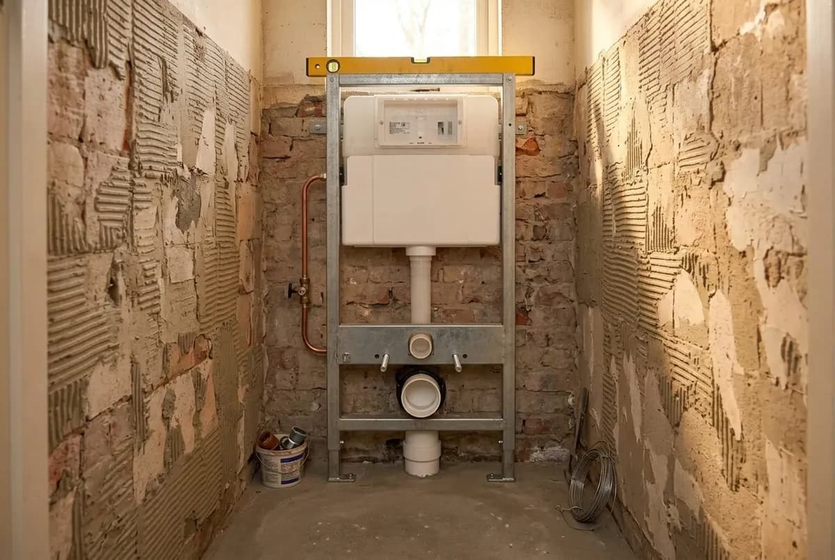 AI-impressie van een kaal gesloopte toiletruimte met een verzinkt inbouwframe met reservoir tegen de bakstenen muur, een koperen waterleiding met stopkraan, de afvoer laag in het frame en een waterpas bovenop