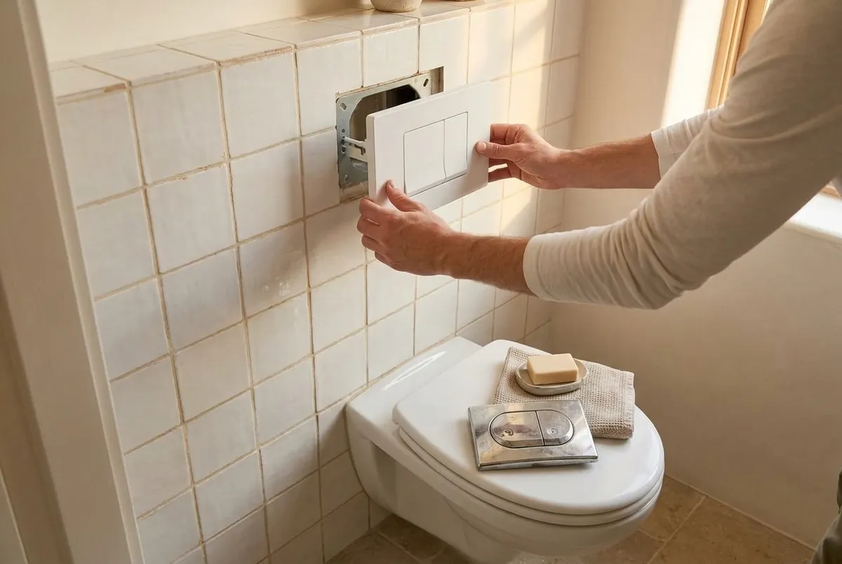 AI-impressie van twee handen die een nieuwe witte bedieningsplaat op een betegelde voorzetwand zetten, met de oude chromen bedieningsplaat op het deksel van het hangtoilet eronder