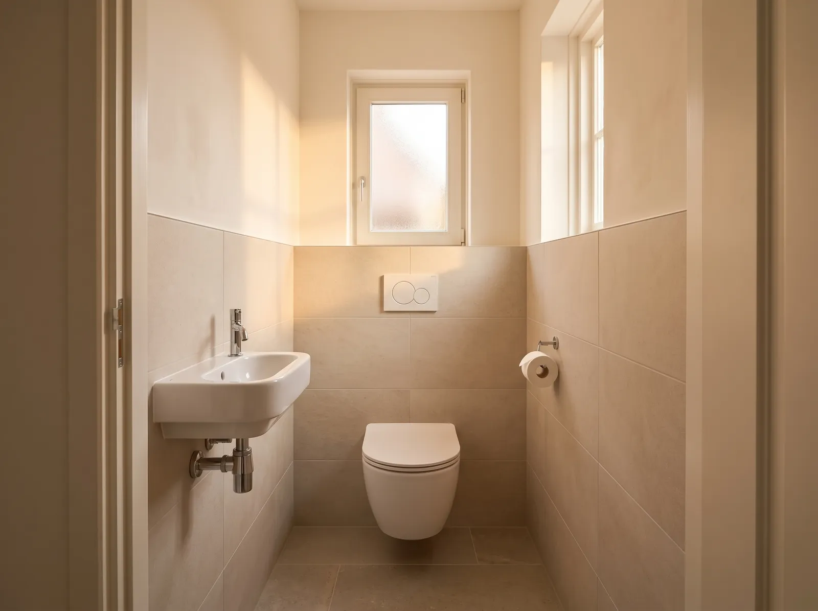 AI-impressie van een apart toilet met beige rechthoekige wandtegels tot halverwege de muur en lichte verf erboven, een hangend toilet met wit bedieningspaneel, een fonteintje met chromen kraan en een raampje met matglas