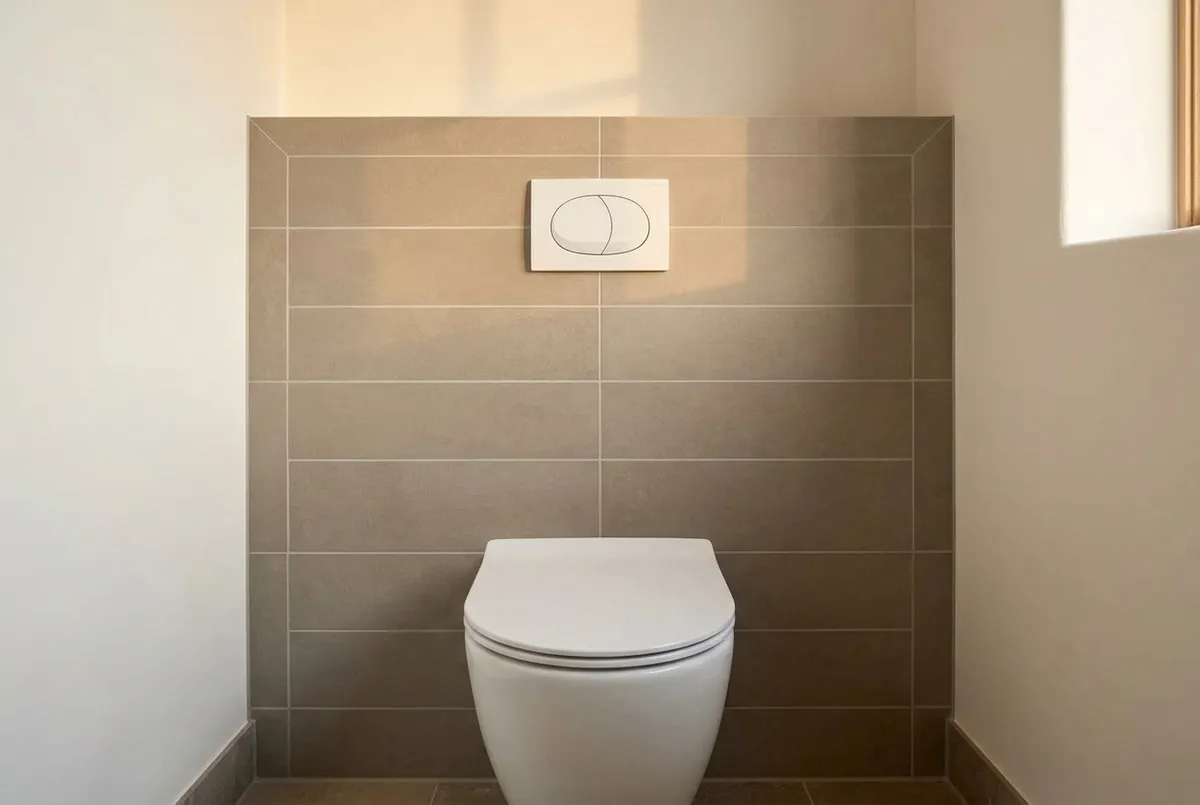 AI-impressie van een voorzetwand achter een hangend toilet, betegeld met warmgrijze liggende tegels en een wit bedieningspaneel midden in de tegelindeling