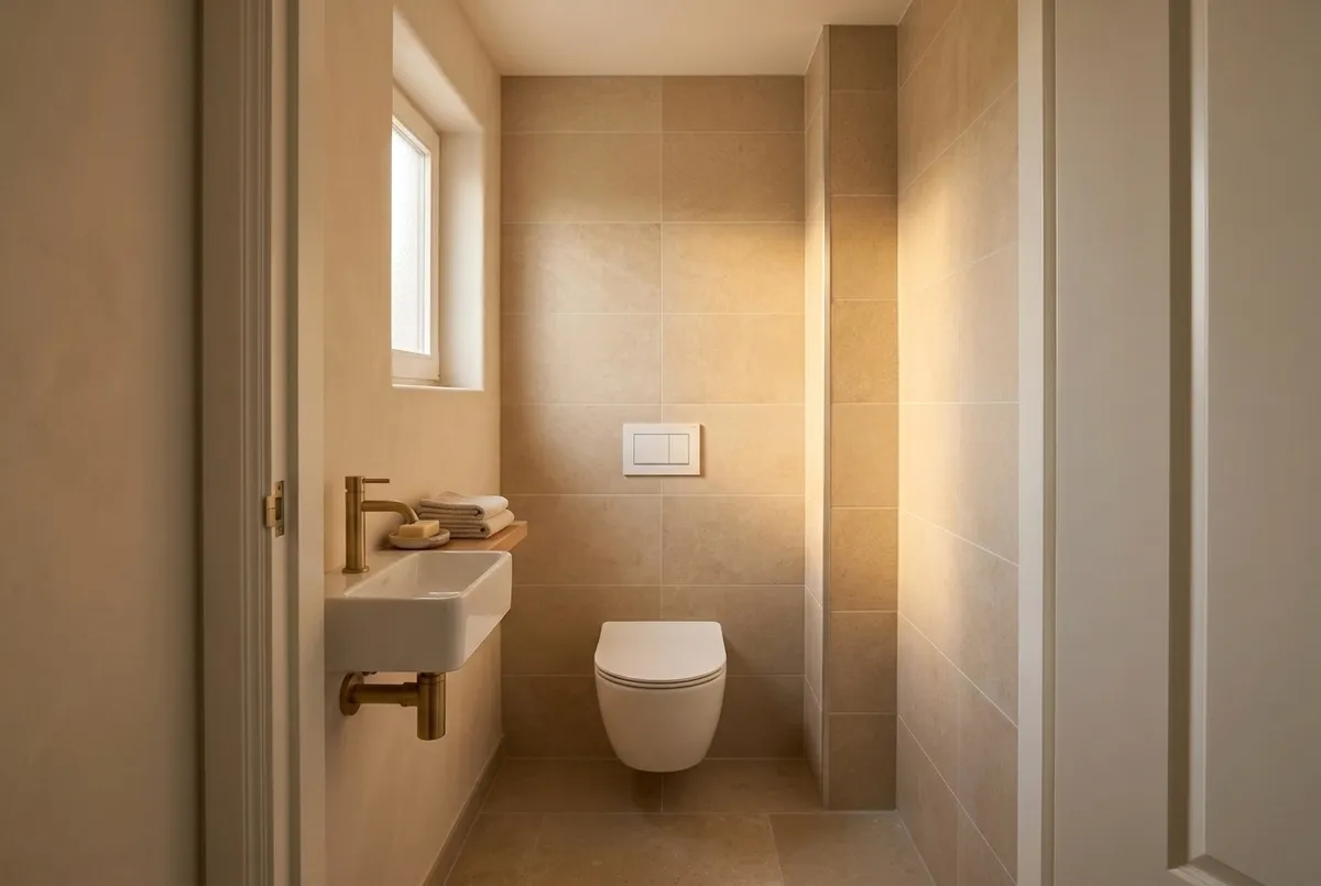 AI-impressie van een apart toilet met een leidingkoof in de hoek naast het hangende toilet, van vloer tot plafond meebetegeld met dezelfde beige tegels als de wanden en afgewerkt met tegelprofielen op de hoeken