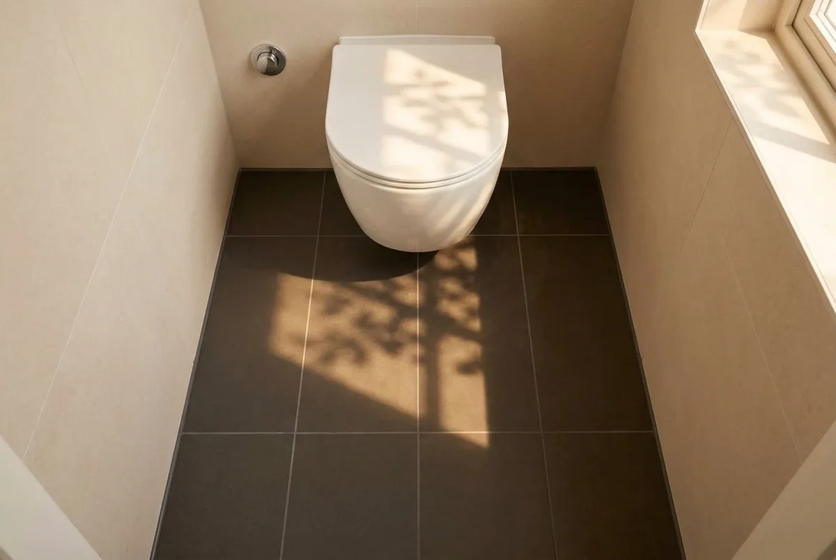 AI-impressie van een toiletvloer van grote donkergrijze tegels onder een hangend toilet, met lichtbeige tegels op de wanden en zonlicht dat over de vloer valt