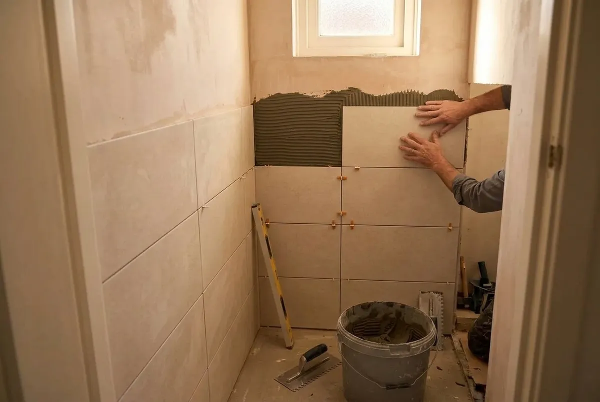 AI-impressie van twee handen die een lichte wandtegel op gekamde tegellijm drukken in een smal toilet in aanbouw, met tegelkruisjes in de voegen, een waterpas, een lijmkam en een emmer lijm op de vloer