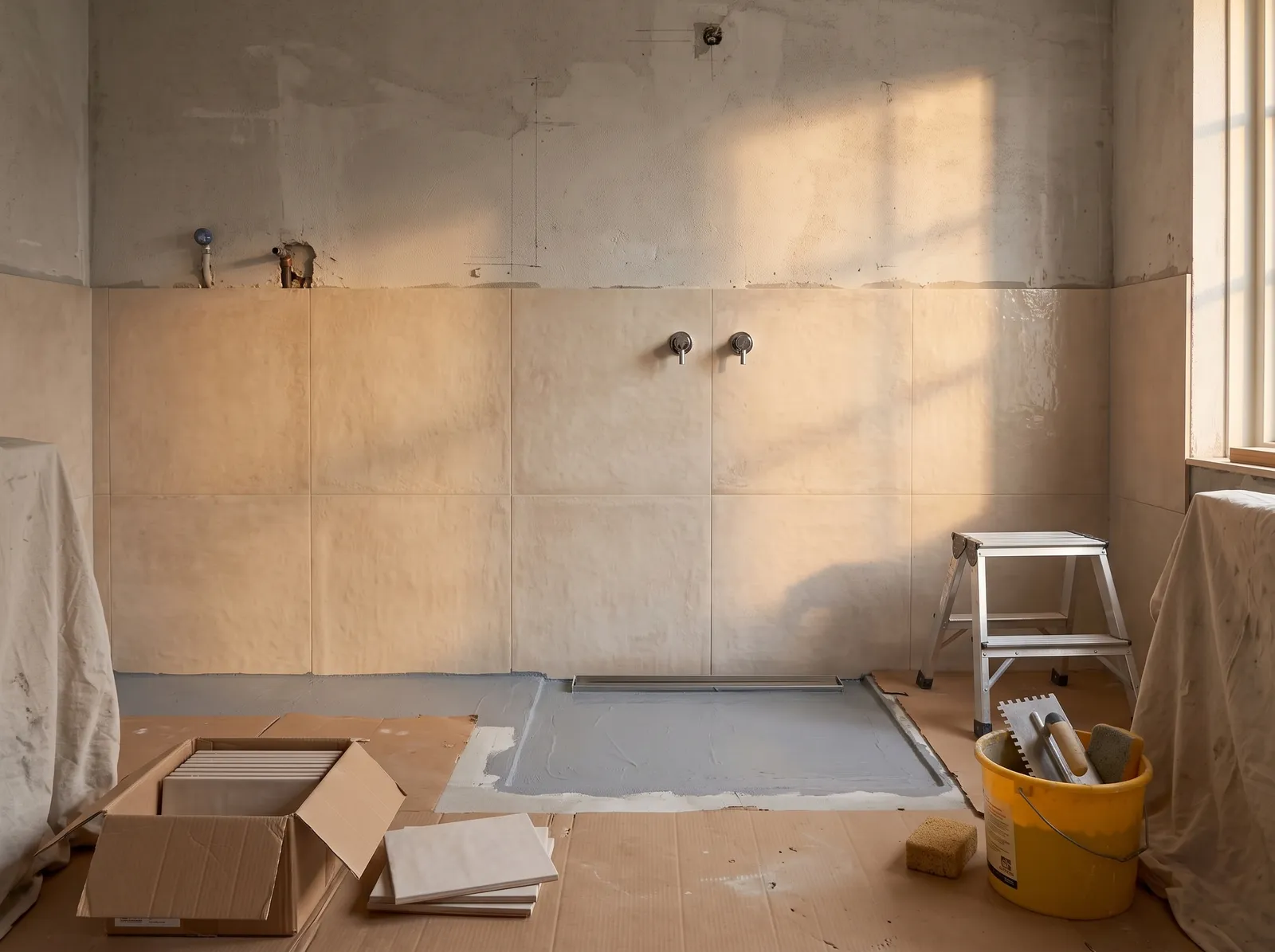 AI-impressie van een badkamer halverwege de verbouwing, met de onderste helft van de wand betegeld met grote beige tegels en de bovenste helft nog kaal stucwerk, een grijze waterdichte laag en een douchegoot in de vloer, en een trapje, een emmer met lijmkam en dozen tegels op karton