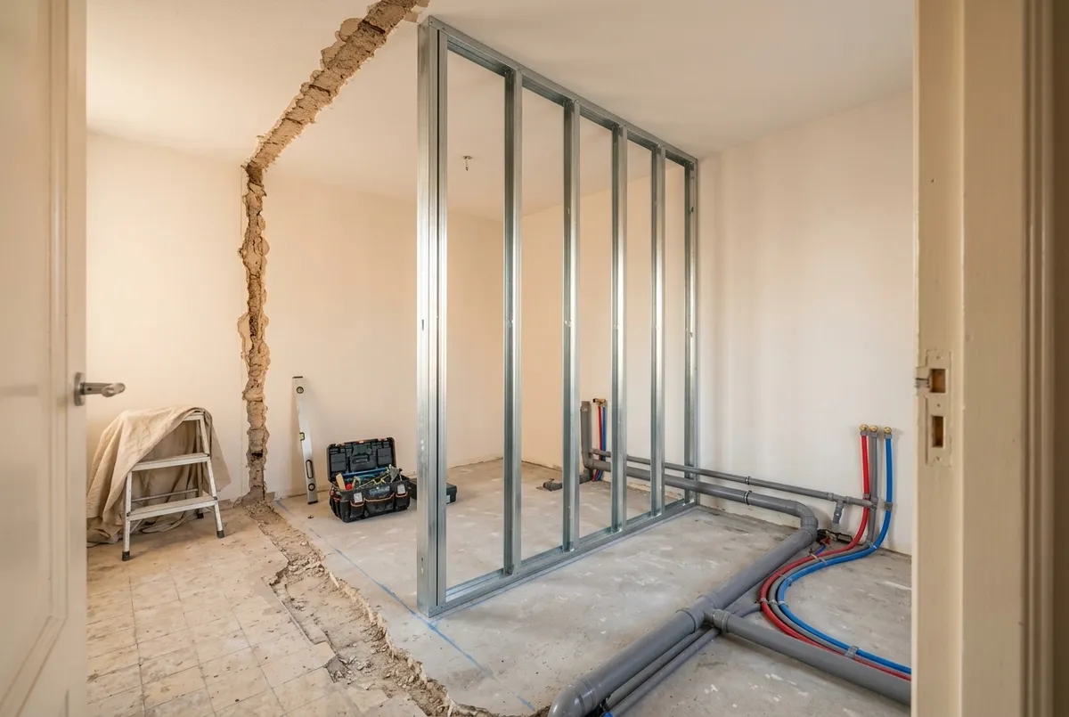 AI-impressie van een ruimte tijdens een ingrijpende verbouwing, met een nieuwe wand van metalen profielen op een blauwe lijn op de betonvloer, een open naad waar een oude muur is weggebroken en nieuwe grijze afvoerbuizen en rode en blauwe waterleidingen over de vloer