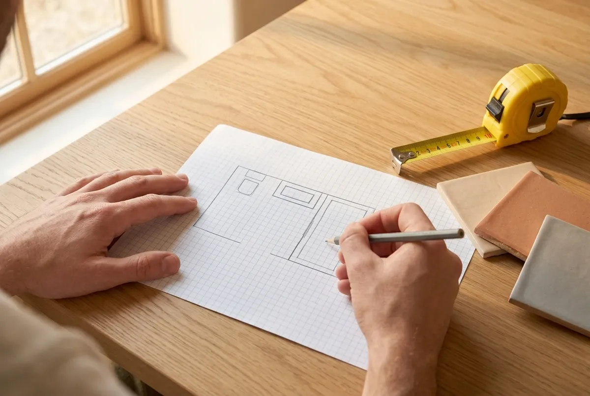 AI-impressie van handen die met potlood een eenvoudige plattegrond van een badkamer tekenen op ruitjespapier, met een gele rolmaat en drie tegelstalen in beige, terracotta en grijs op een eiken tafel
