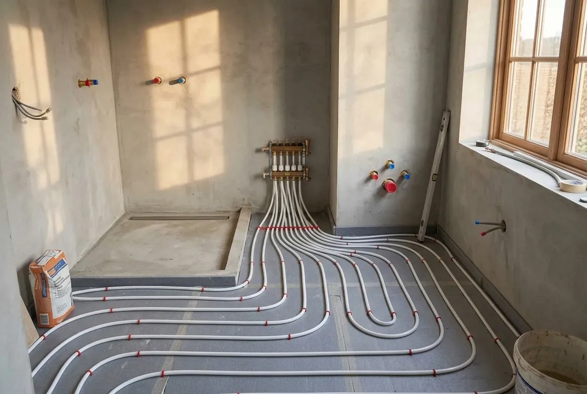 AI-impressie van een gestripte badkamer met witte vloerverwarmingsbuizen in lussen op grijze isolatieplaten, een verdeler aan de wand en in de hoek de ondergrond voor een inloopdouche met een douchegoot langs de muur