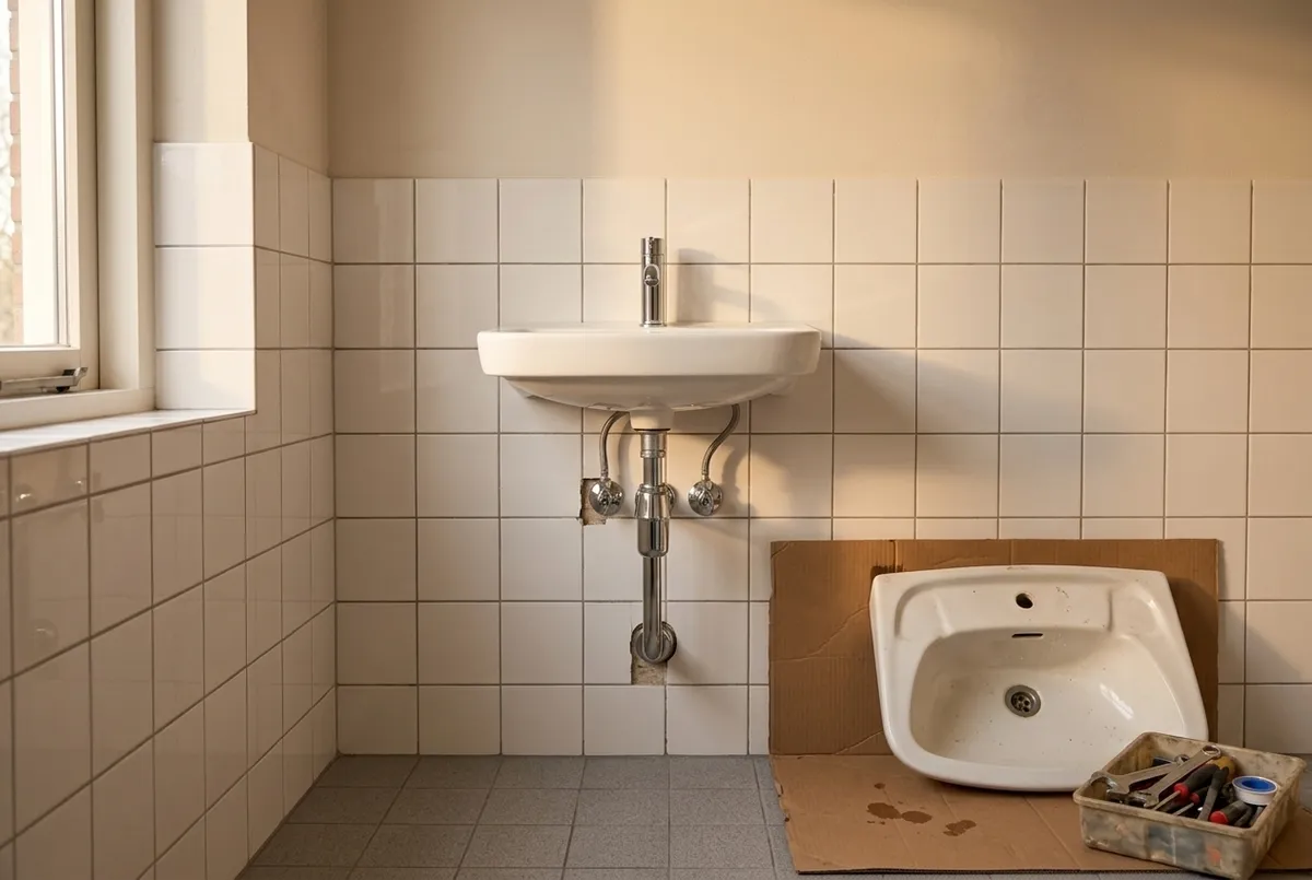 AI-impressie van een nieuwe witte wastafel met chromen kraan en sifon op dezelfde plek tegen de bestaande witte wandtegels, met de oude wastafel en een bak gereedschap op een stuk karton op de vloer