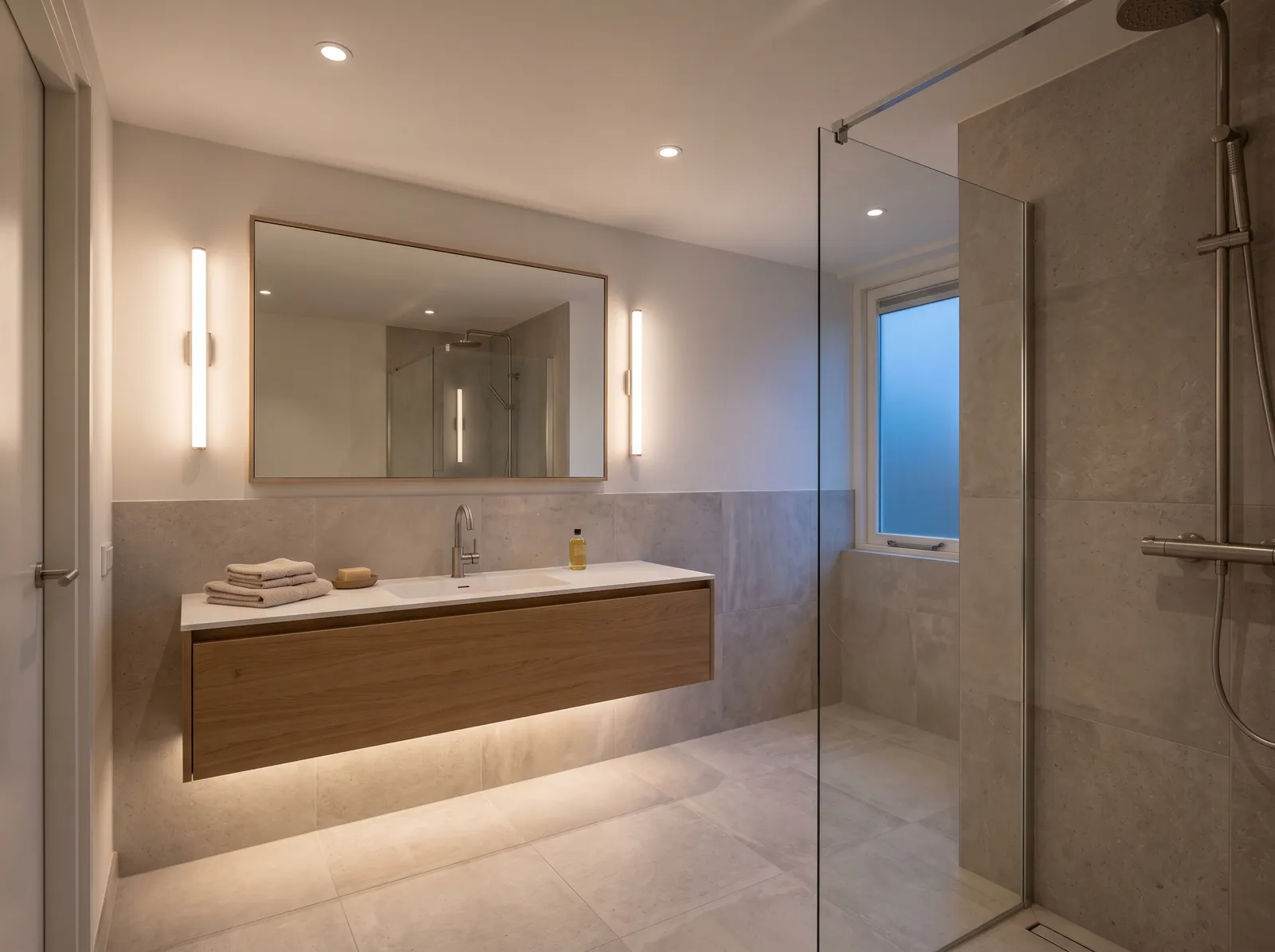 AI-impressie van een lichte badkamer in de avond met inbouwspots in het plafond, twee staande wandlampen links en rechts van een spiegel, een ledstrip die onder een zwevend eiken badmeubel op de tegelvloer schijnt en een inloopdouche met glazen wand