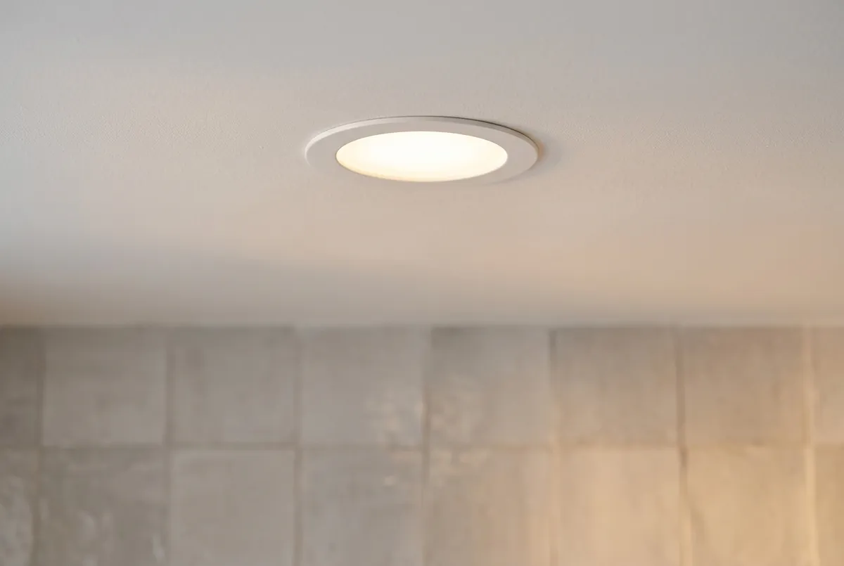 AI-impressie van een brandende witte LED-inbouwspot vlak in een wit plafond, met daaronder een onscherpe wand van grijze tegels