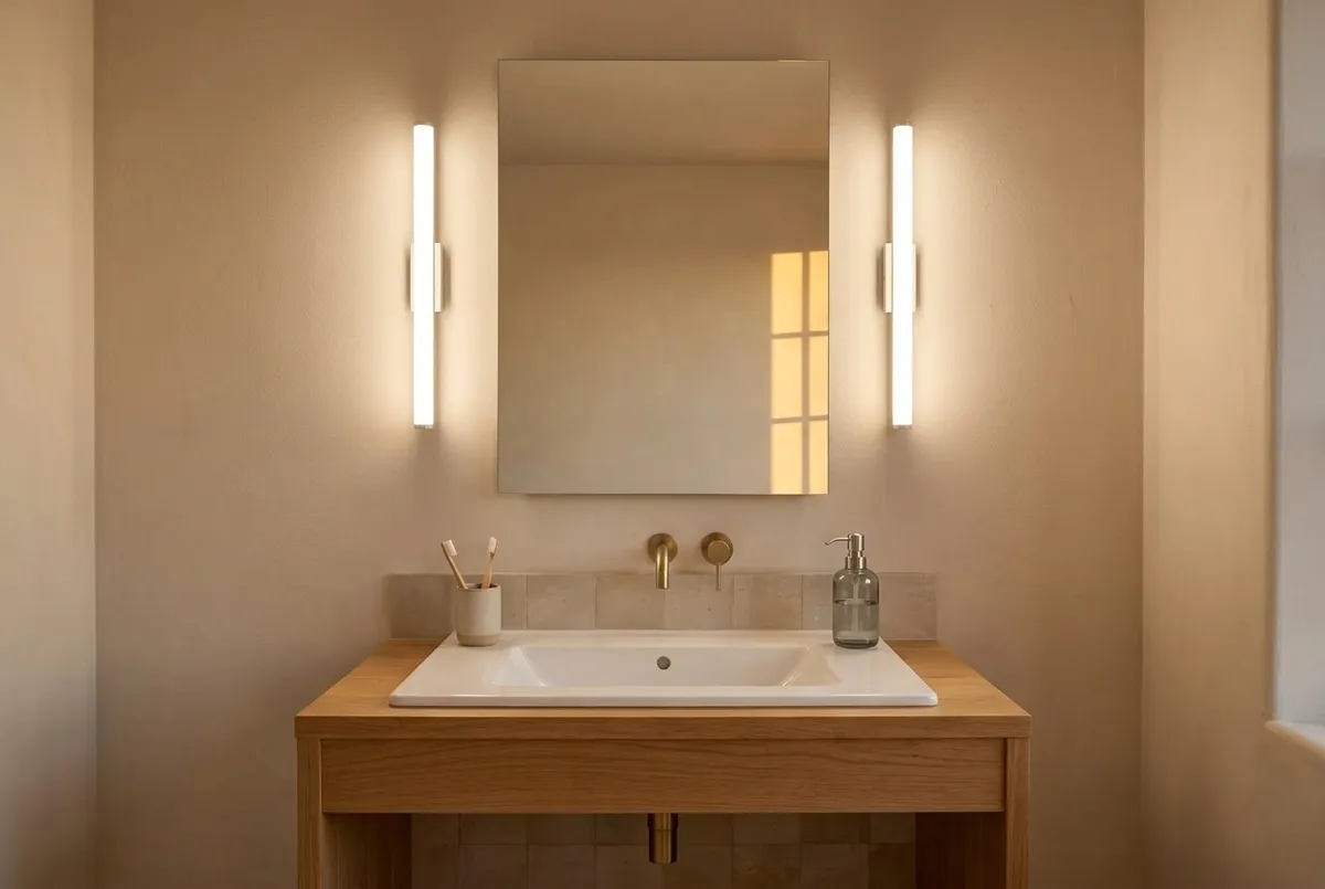 AI-impressie van een spiegel boven een witte wastafel op een eiken onderstel, met links en rechts van de spiegel een brandende staande wandlamp en een messing inbouwkraan in de wand