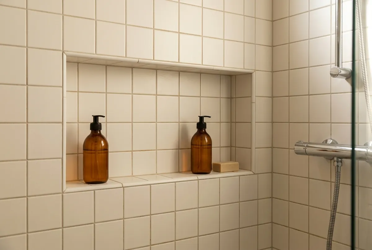 AI-impressie van een betegelde douchenis in een wand met lichte vierkante tegels, met twee bruine pompflessen en een stuk zeep, naast een chromen douchethermostaat
