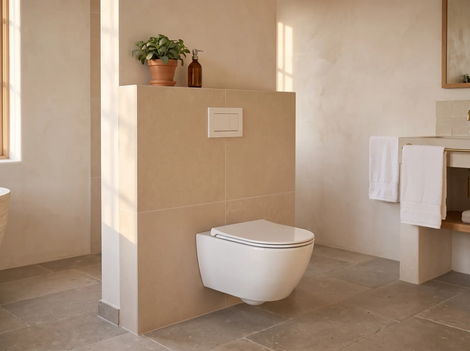AI-impressie van een wit hangend toilet voor een halfhoge voorzetwand met grote beige tegels, een witte bedieningsplaat en een plantje en zeeppomp op de bovenkant