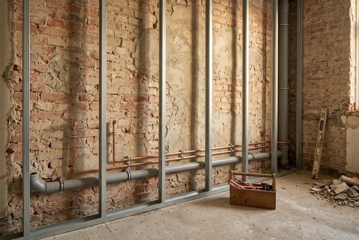AI-impressie van een kale bakstenen muur met een grijze afvoerbuis en koperen waterleidingen erop, met daarvoor een nieuw frame van metalen stijlen