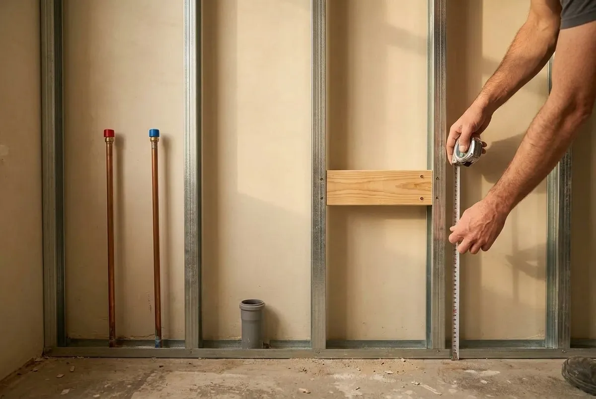 AI-impressie van een open voorzetwand van metalen stijlen met een houten versteviging, waarop twee handen met een rolmaat de hoogte meten, en ernaast twee afgedopte waterleidingen en een afvoerbuis