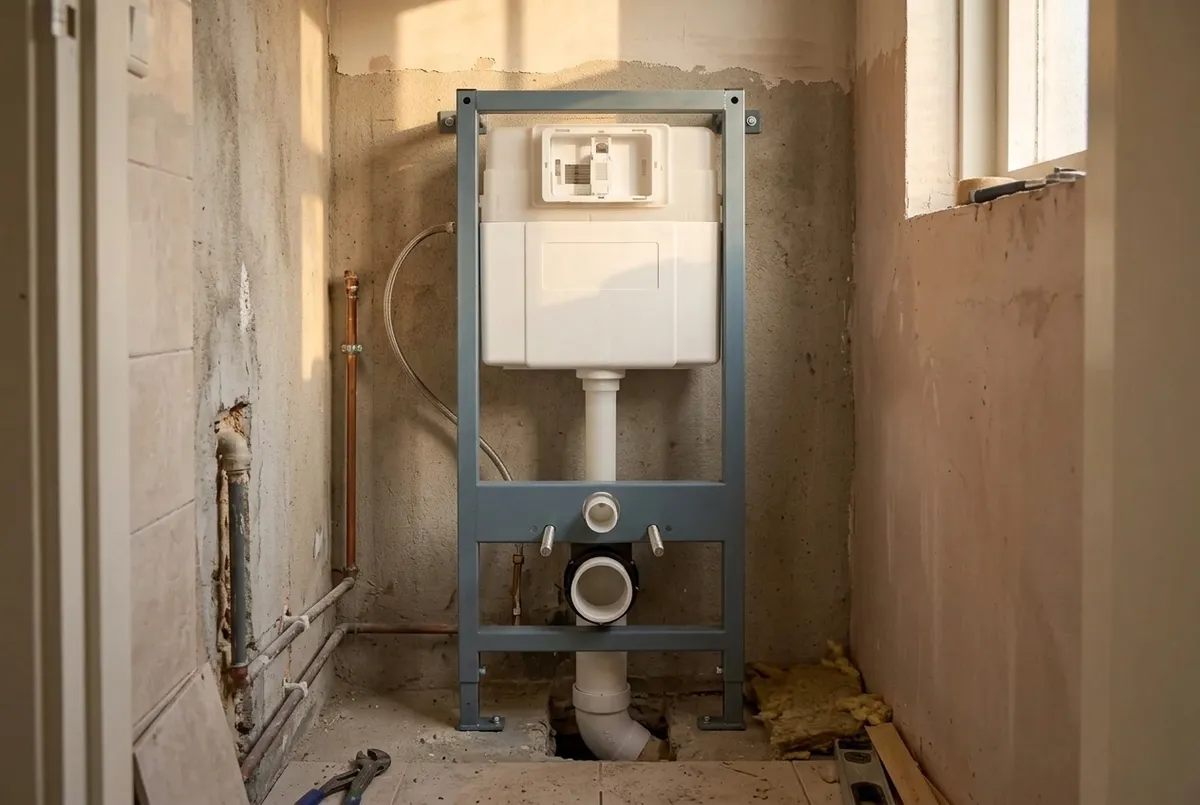 AI-impressie van een inbouwreservoir in een grijs stalen frame tegen een kale toiletmuur, met de bevestigingsbouten en de toiletafvoer onderin
