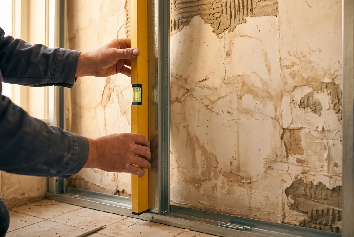 AI-impressie van twee handen die een gele waterpas tegen een metalen stijl houden, voor een oude oneffen muur met afgebrokkeld pleisterwerk
