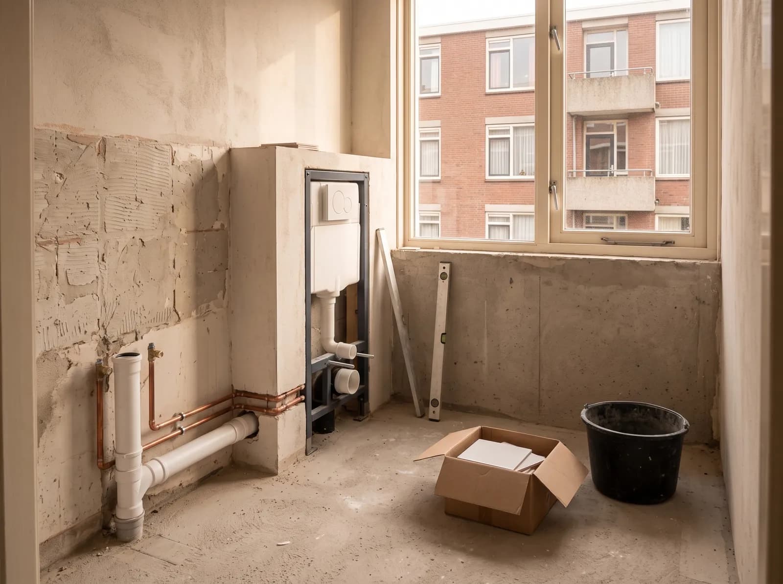 AI-impressie van een gestripte badkamer in een flat: kale betonvloer, een inbouwreservoir voor een hangtoilet, nieuwe afvoerbuizen en koperen leidingen laag langs de muur, en door het raam de bakstenen gevel met balkons van het flatgebouw aan de overkant
