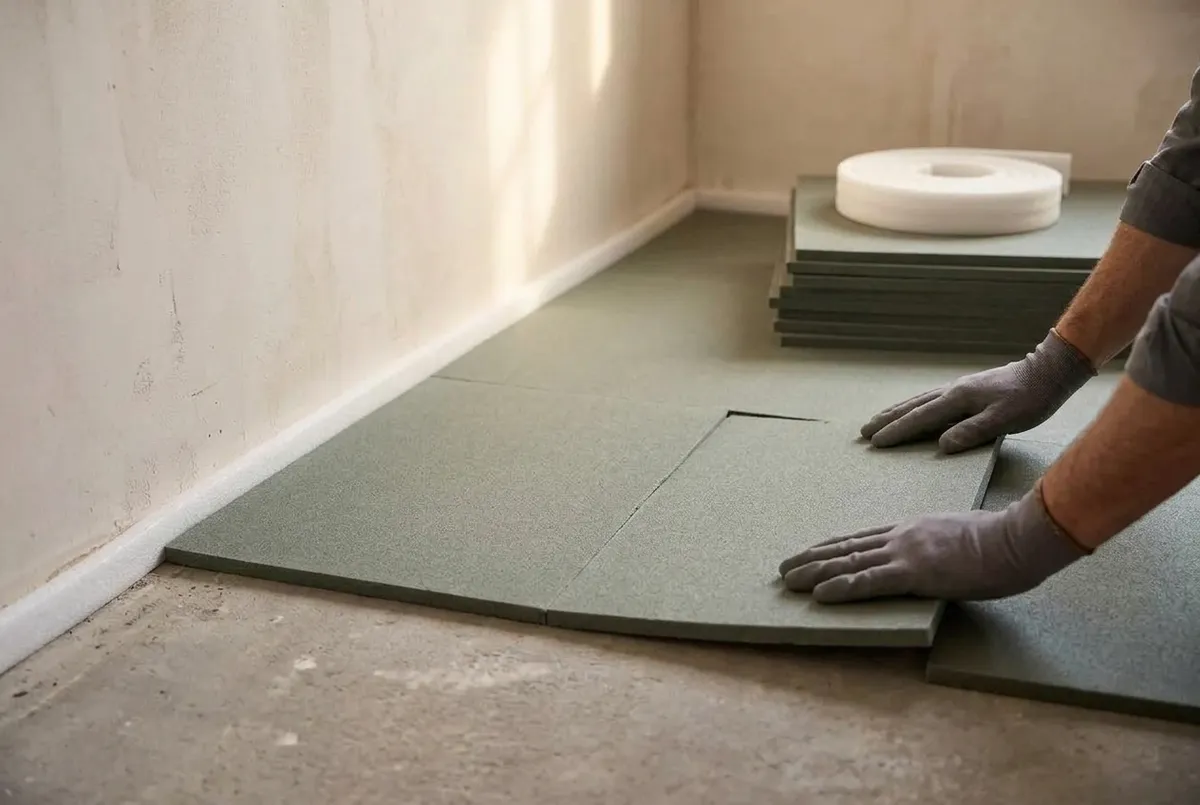 AI-impressie van handen met werkhandschoenen die grijsgroene geluidsisolerende ondervloerplaten op een betonvloer leggen, met een witte randstrook van schuim langs de muur
