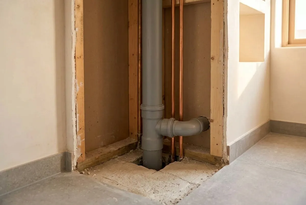 AI-impressie van een geopende leidingschacht in de hoek van een badkamer: een grijze standleiding die door de betonvloer loopt, met een aftakking naar de badkamer en twee koperen waterleidingen ernaast