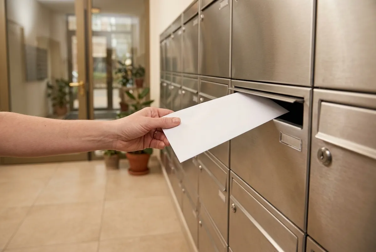 AI-impressie van een hand die een witte envelop in een van de rvs-brievenbussen in de hal van een appartementengebouw steekt