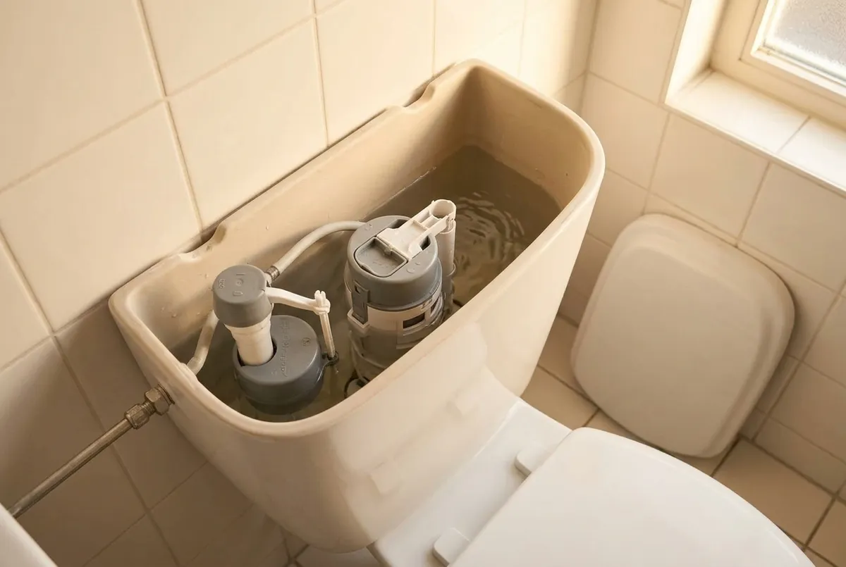AI-impressie van een geopend toiletreservoir met water, de vlotterkraan en de spoelklep, met het deksel tegen de muur