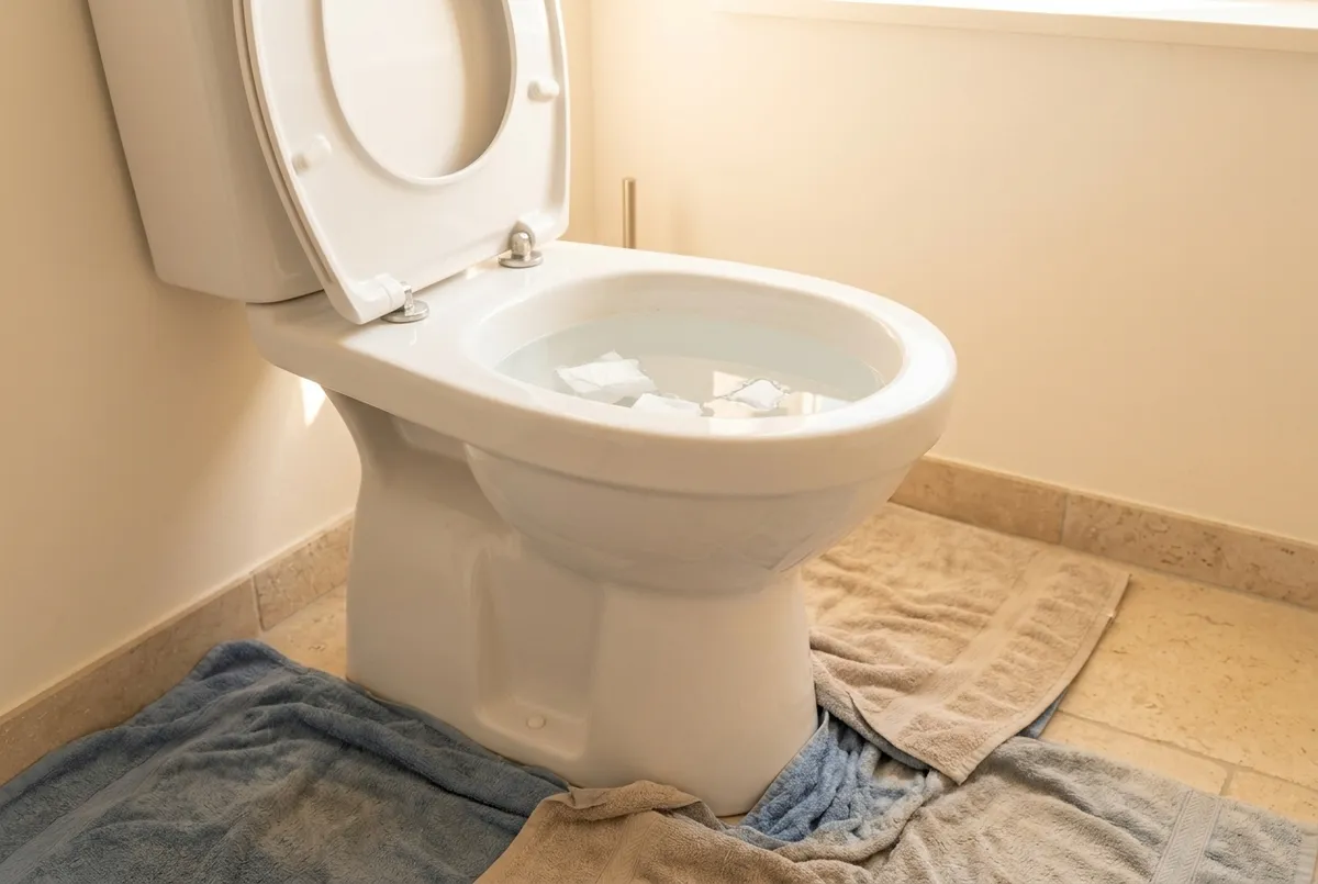 AI-impressie van een verstopt wit toilet met het water bijna tot aan de rand van de pot en wat wc-papier erin, met handdoeken op de vloer