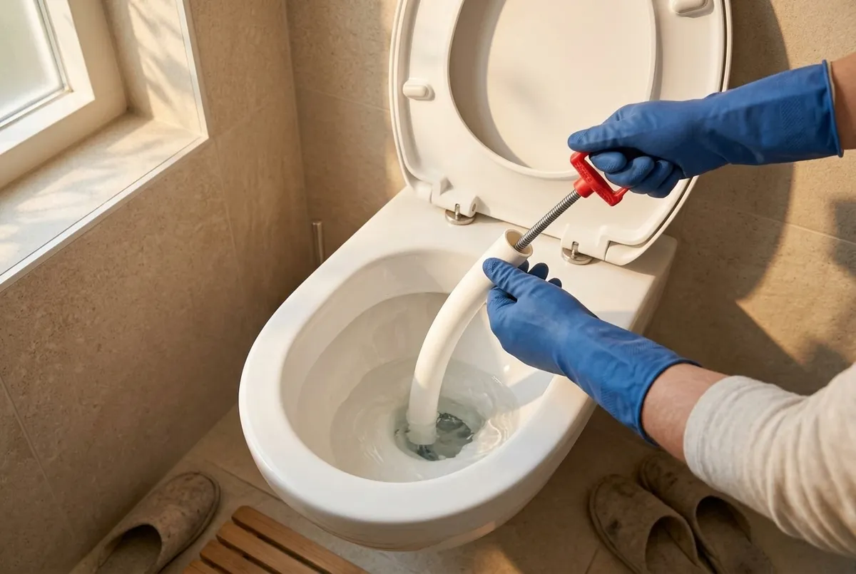 AI-impressie van handen in blauwe handschoenen die een wc-veer met witte kunststof huls in de afvoer van een toiletpot draaien