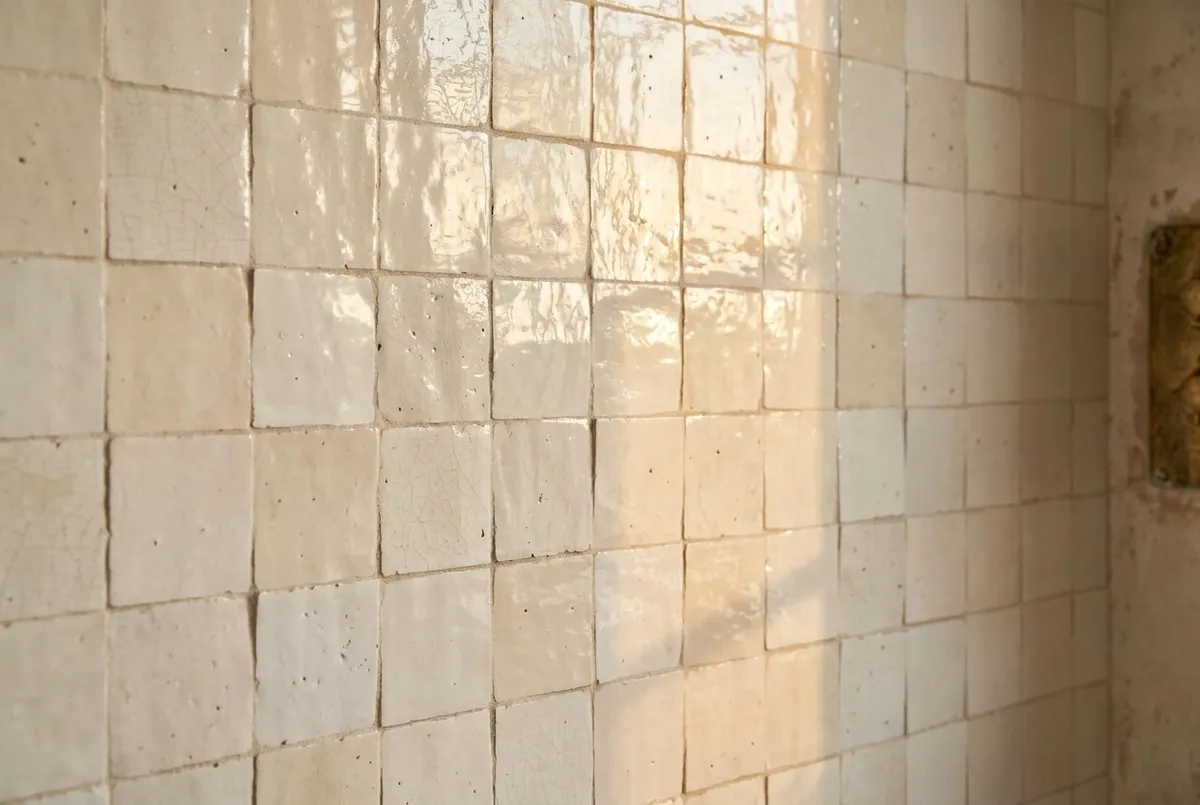 AI-impressie van een wand met gebroken witte handgemaakte zelligetegels, met kleurverschil per tegel, craquelé in het glazuur en ongelijke randen die het daglicht onregelmatig weerkaatsen