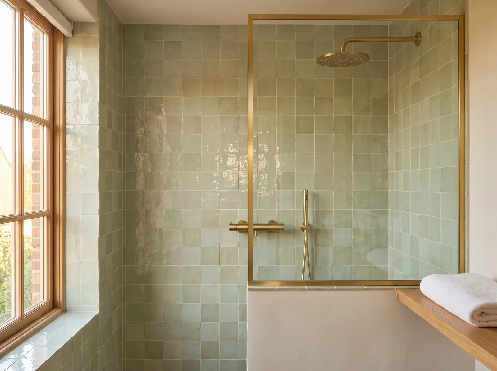 AI-impressie van een douchewand met saliegroene zelligetegels, een messing thermostaatkraan met handdouche, een messing regendouche en een glazen wand met messing profiel naast een houten raam