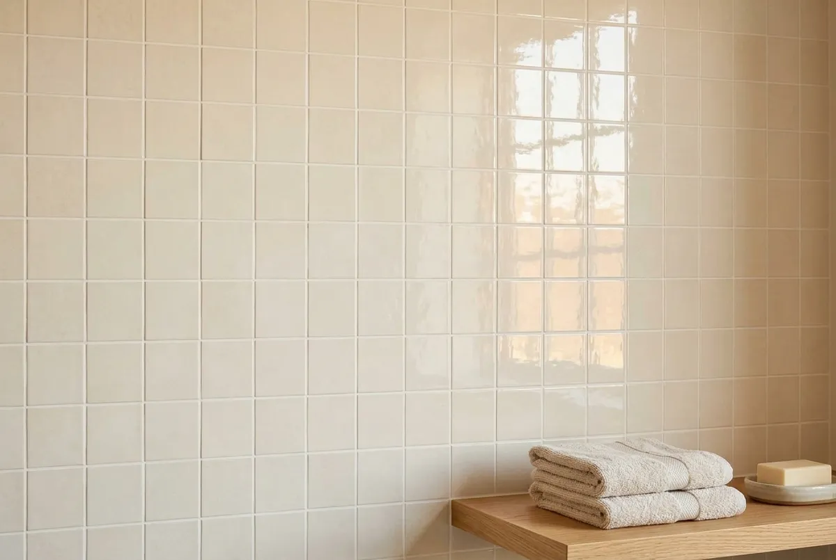AI-impressie van een vlakke wand met crèmekleurige porseleinen tegels in zellige-look, strak gevoegd in een recht raster, met een houten plank met handdoeken en een zeepje