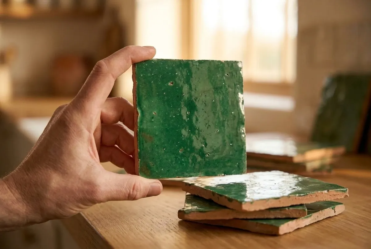 AI-impressie van een hand die een groene geglazuurde zelligetegel vasthoudt, met een klein stapeltje tegels met zichtbare kleirand op een houten werkblad