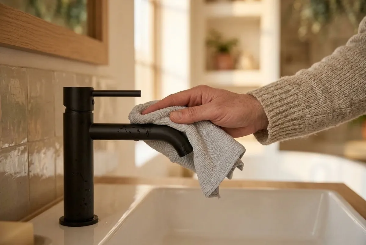 AI-impressie van een hand die de uitloop van een matzwarte wastafelkraan droogwrijft met een grijze microvezeldoek, met nog een paar waterdruppels op de kraan