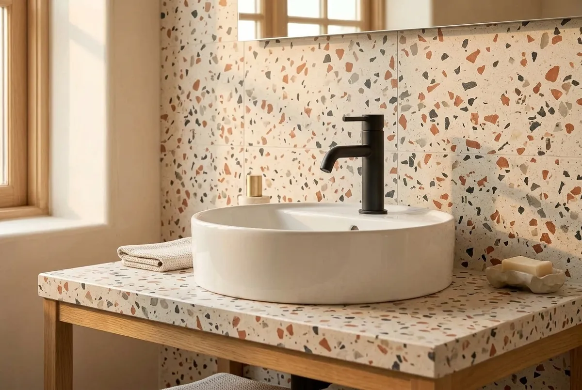 AI-impressie van een matzwarte wastafelkraan op een ronde witte opzetkom, op een terrazzo blad voor een wand van terrazzo tegels met terracotta, grijze en zwarte steenslag