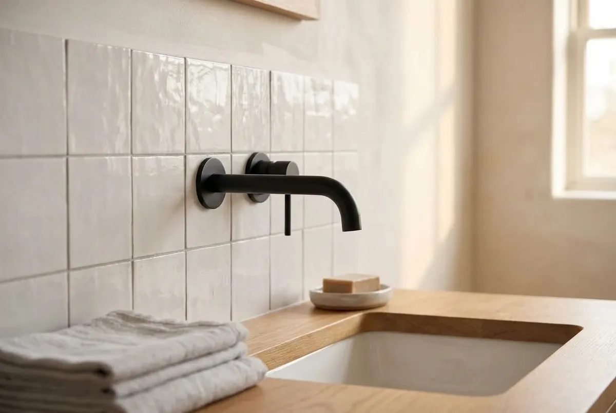 AI-impressie van een matzwarte inbouw wastafelkraan in een wand van witte geglazuurde tegels met een licht onregelmatig oppervlak, boven een witte wasbak in een eiken blad