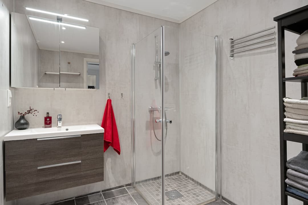 Badkamer met een douche naast de wastafel