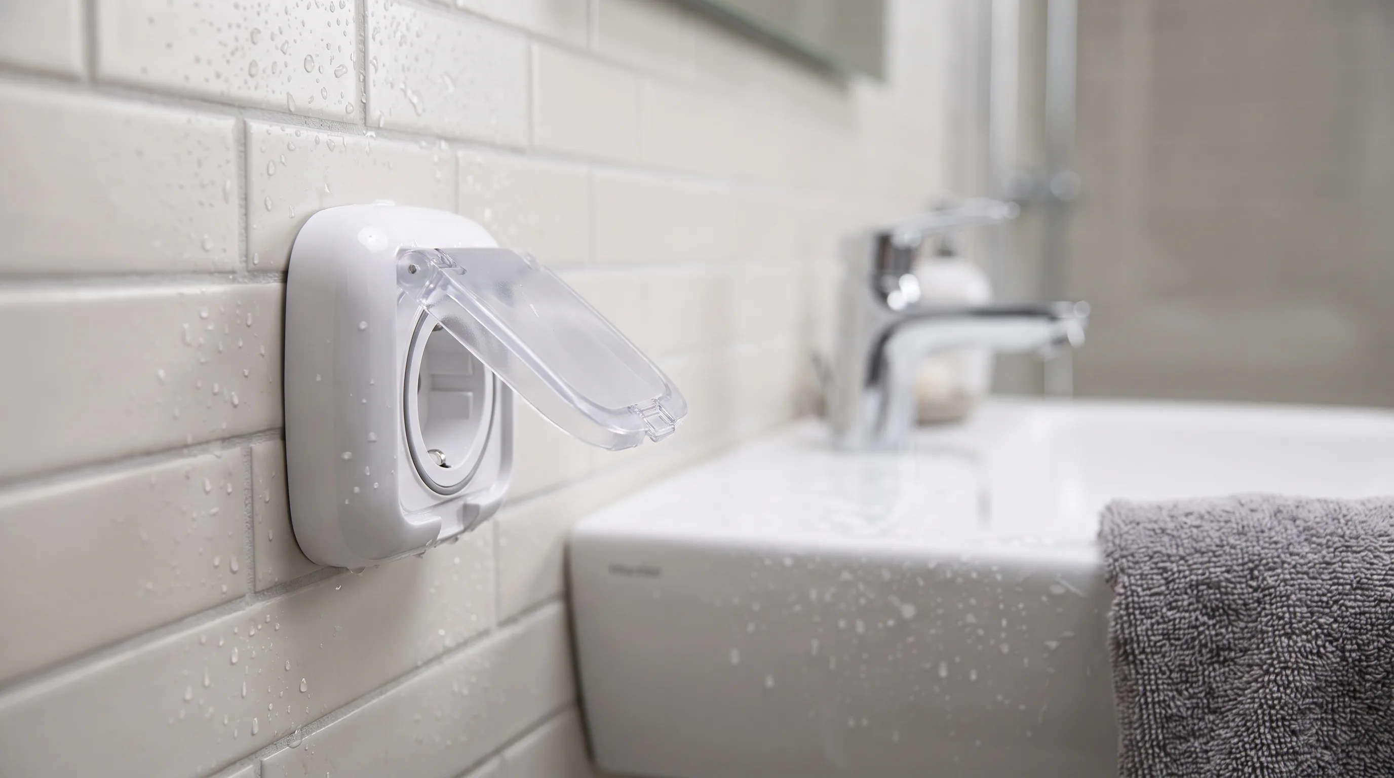 Spatwaterdicht stopcontact met klepdeksel naast een wastafel