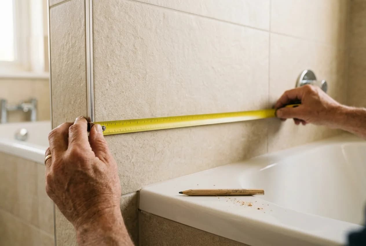 Handen meten met een rolmaat een betegelde badkamerwand op