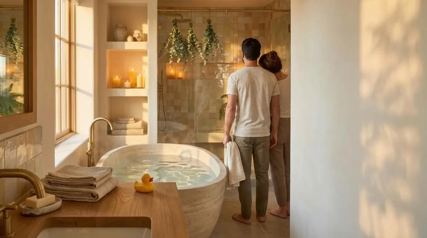 Stel bekijkt samen hun net opgeleverde badkamer met vrijstaand bad, met een badeend op de badrand