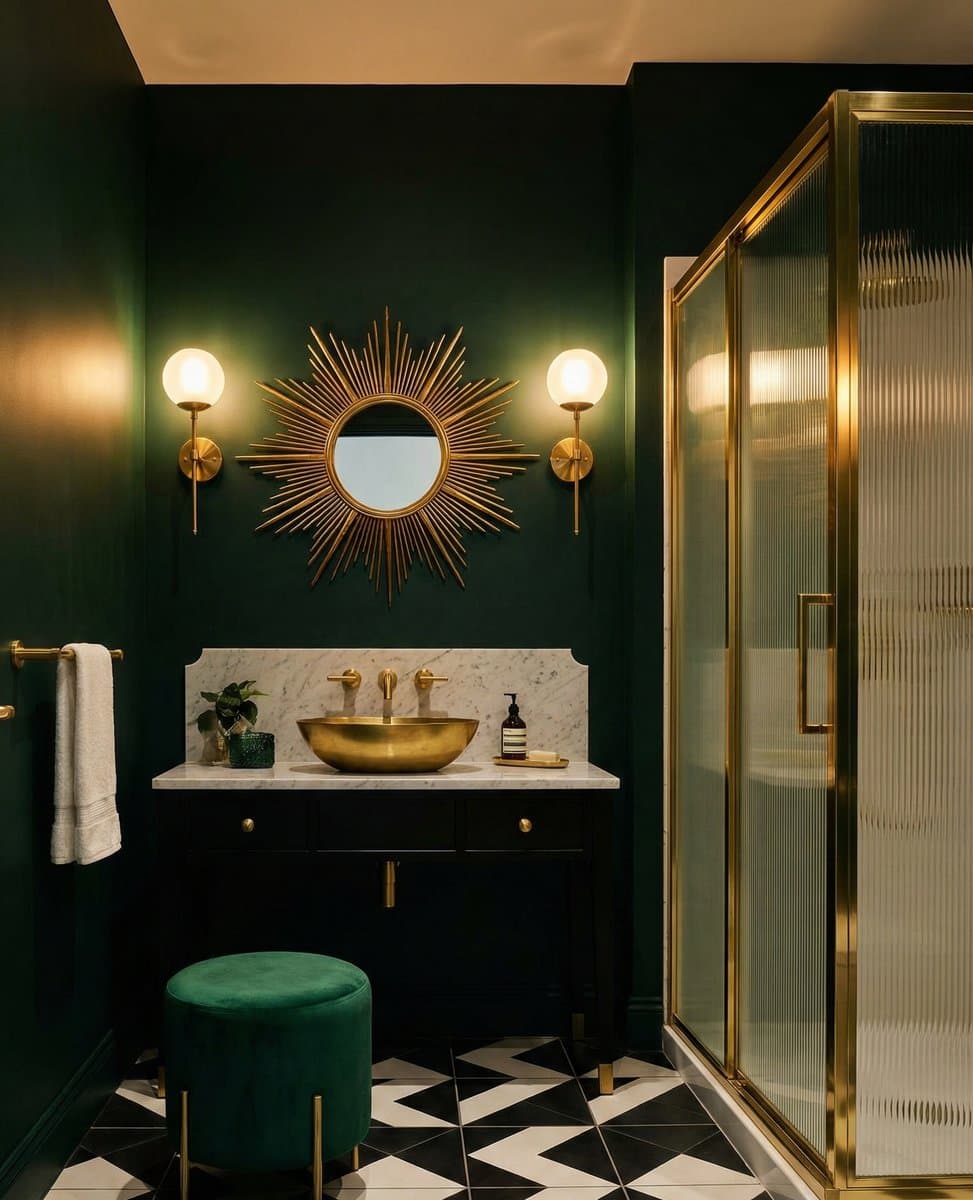 Retro badkamer met ronde zonnespiegel, dambordvloer en messing accenten