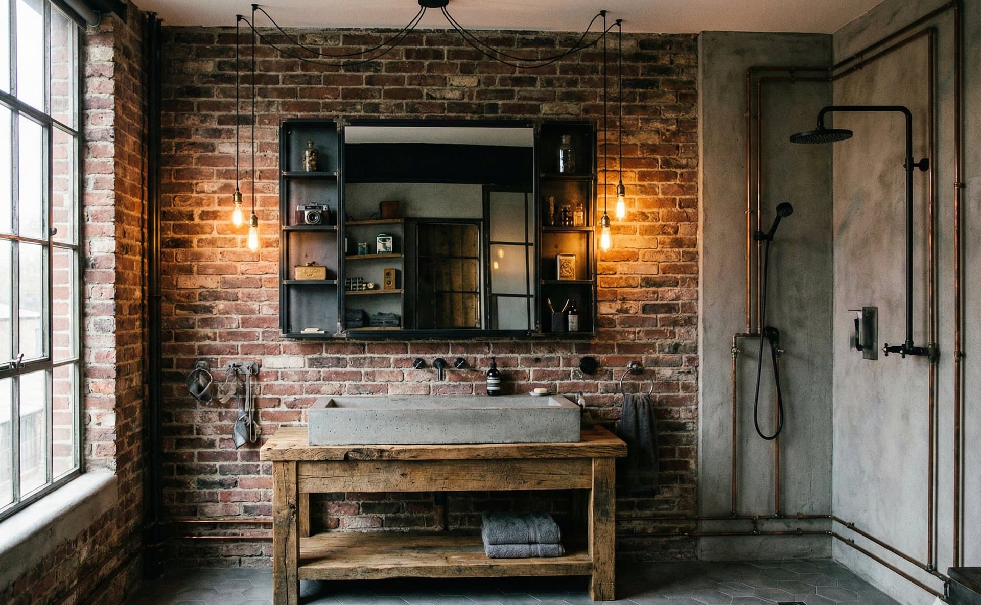 Badkamer met bakstenen muur en stoere uitstraling