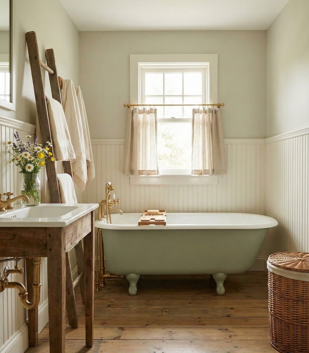 Bohemian badkamer met warme salietinten en veel groen