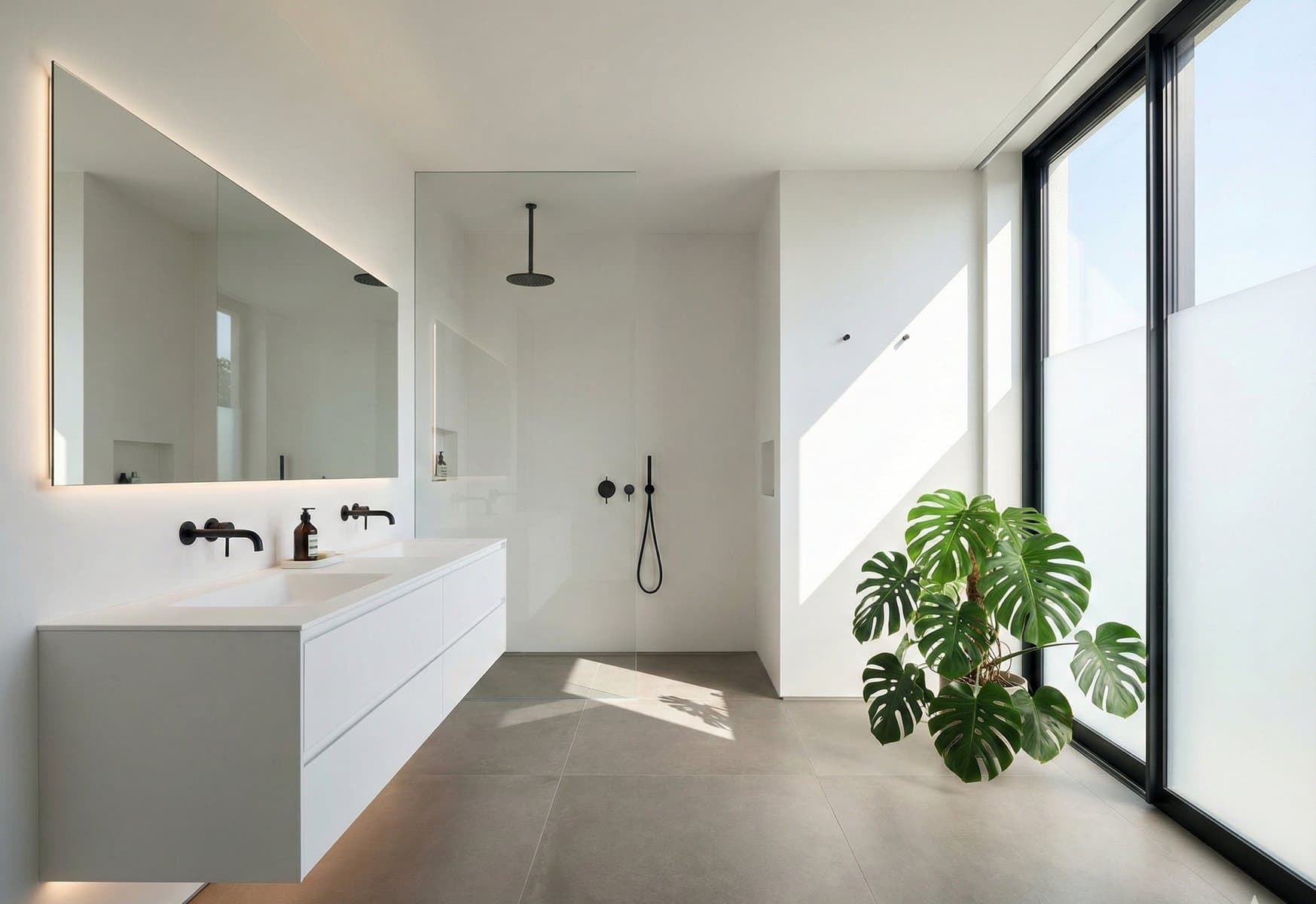 Minimalistische badkamer met inloopdouche en grote tegels