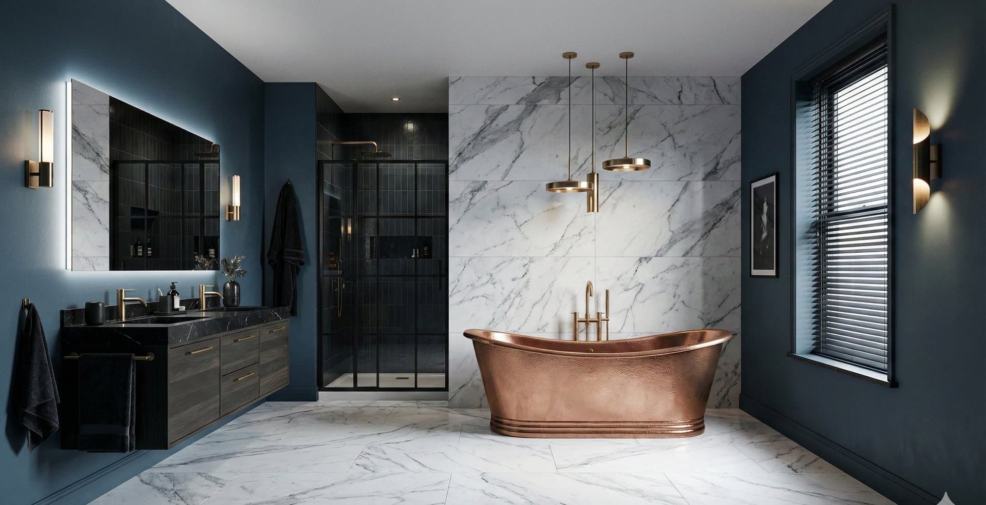 Moderne badkamer met koperen vrijstaand bad