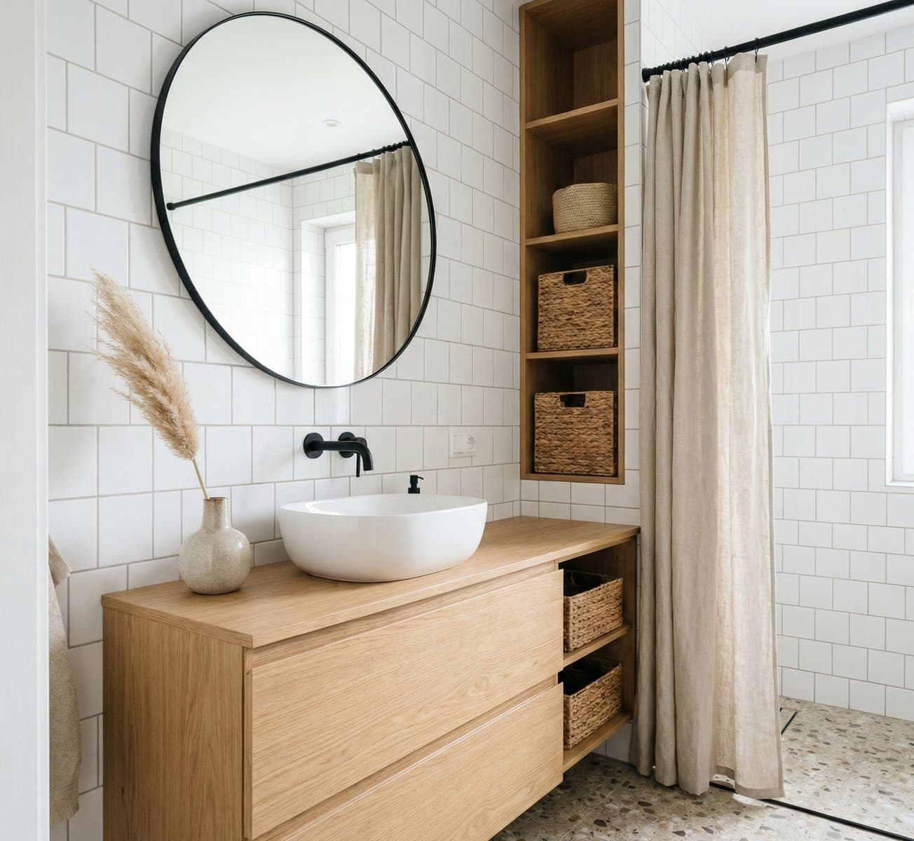 Lichte Scandinavische badkamer met houten accenten