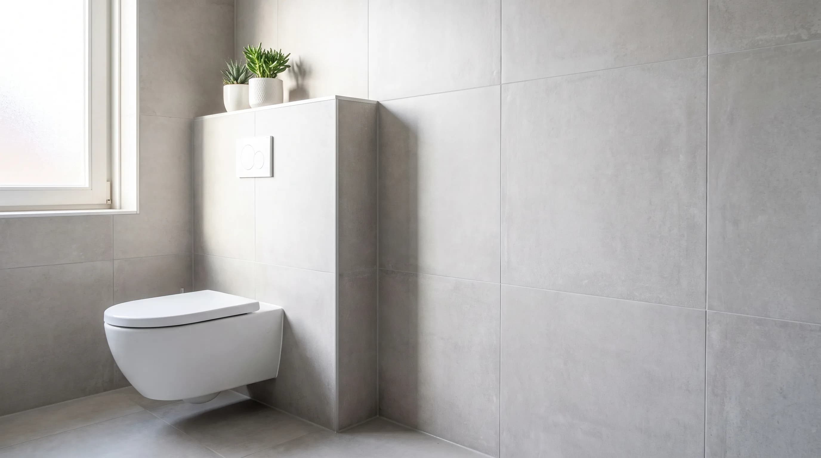 Betegelde leidingkoof naast een hangend toilet