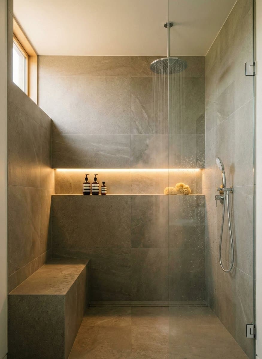 Kleine badkamer met inloopdouche en een vlakke, lichte vloer