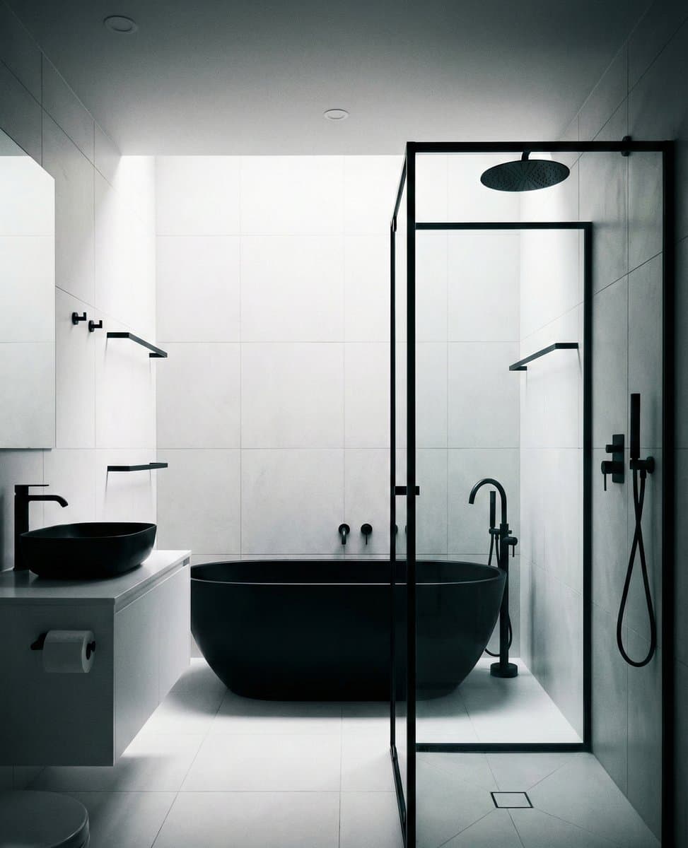 Minimalistische kleine badkamer met lichte kleuren en grote spiegel